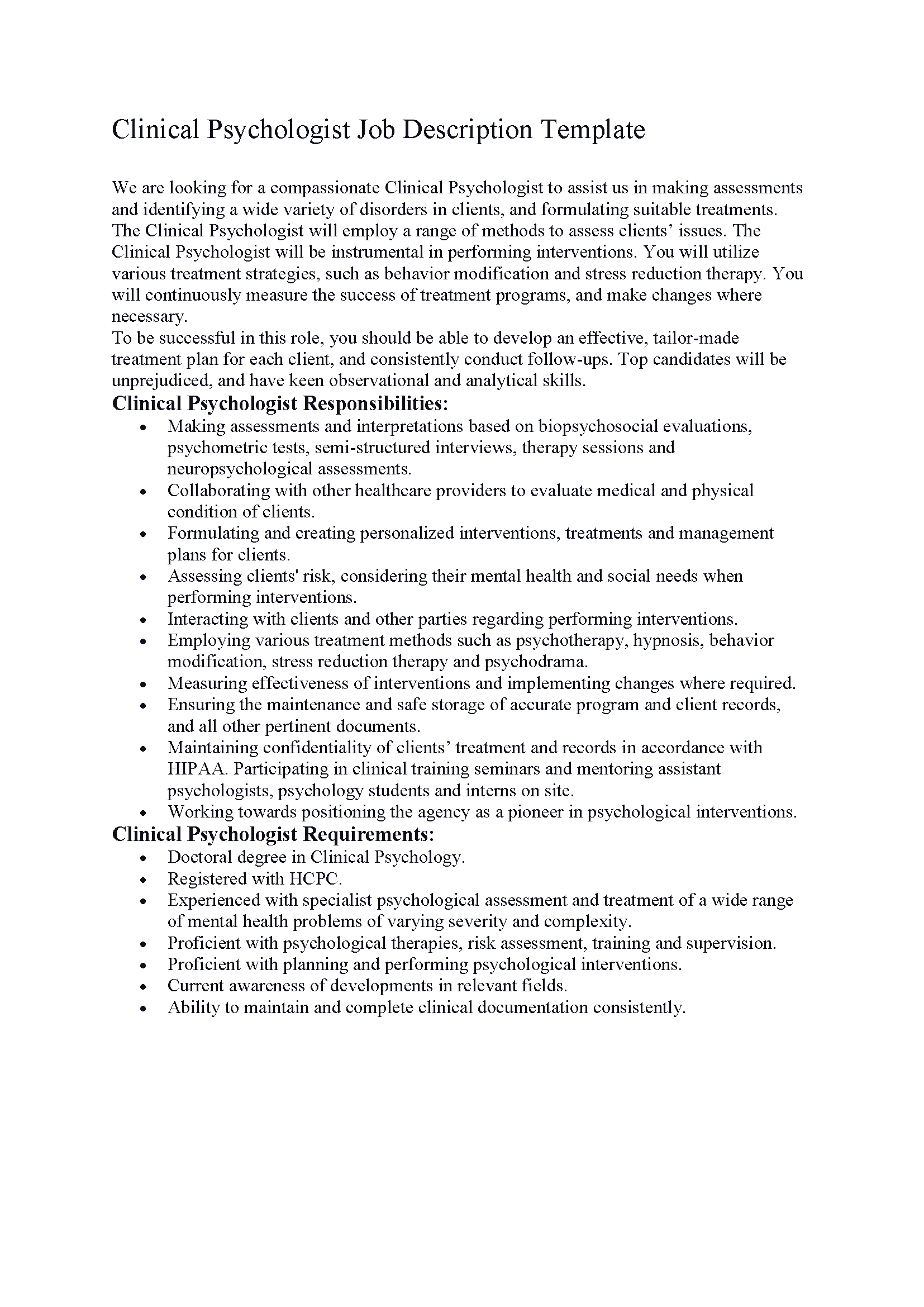 Clinical Psychologist Job Description Template